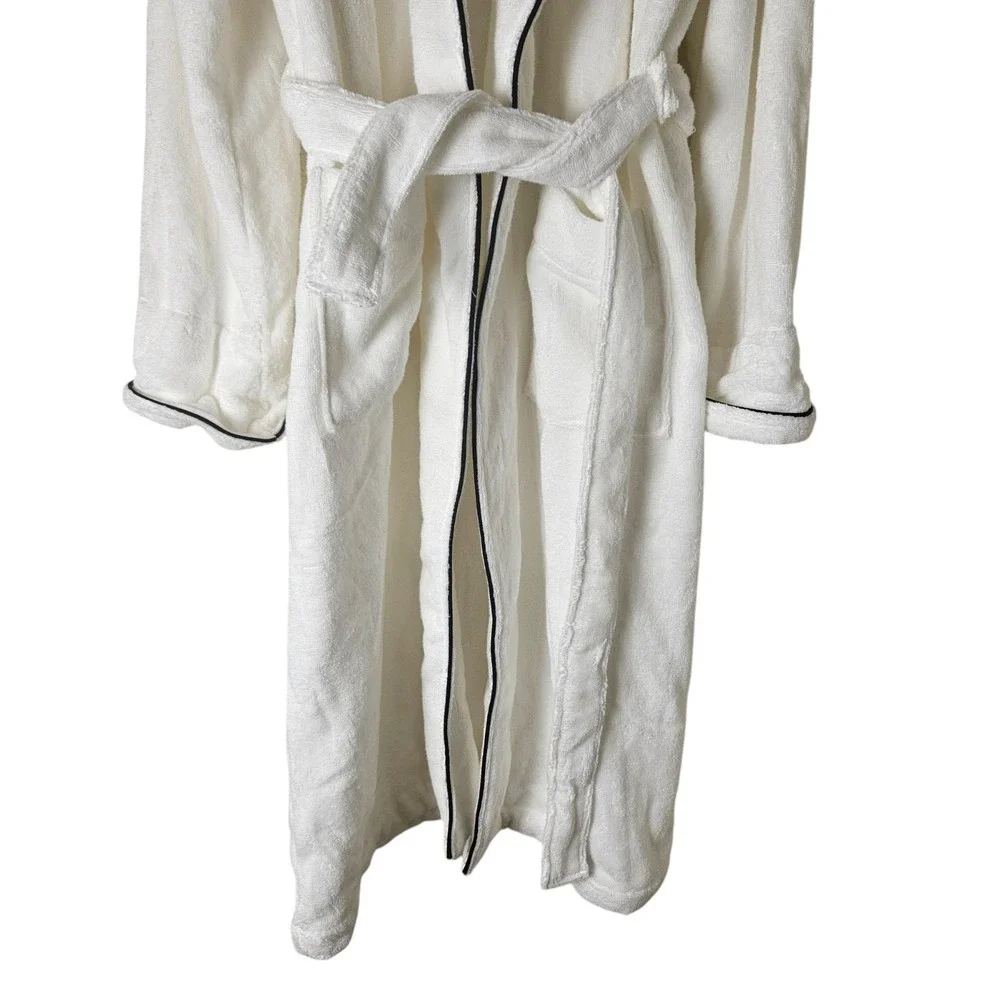 Williams Sonoma Home‎ Cotton Terry Bath Robe Black Piping Trim Quiet Luxury